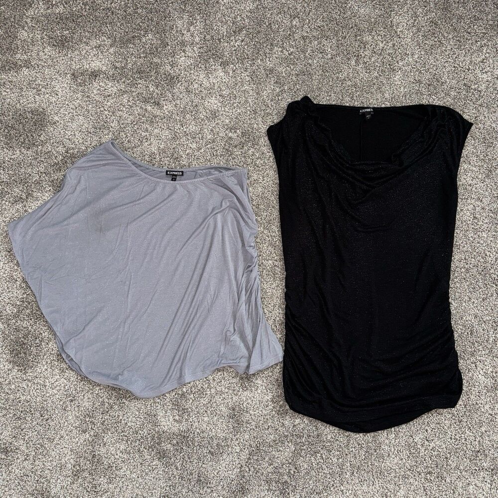 2 Express Blouses Silver Black Glitter Sparkle Shirt Top Size Large Bundle Lot